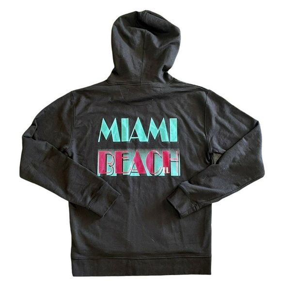 Vintage MIAMI BEACH FL Florida RETRO Miami VICE BLACK HOODIE 80’s SWEATSHIRT M - Picture 1 of 4